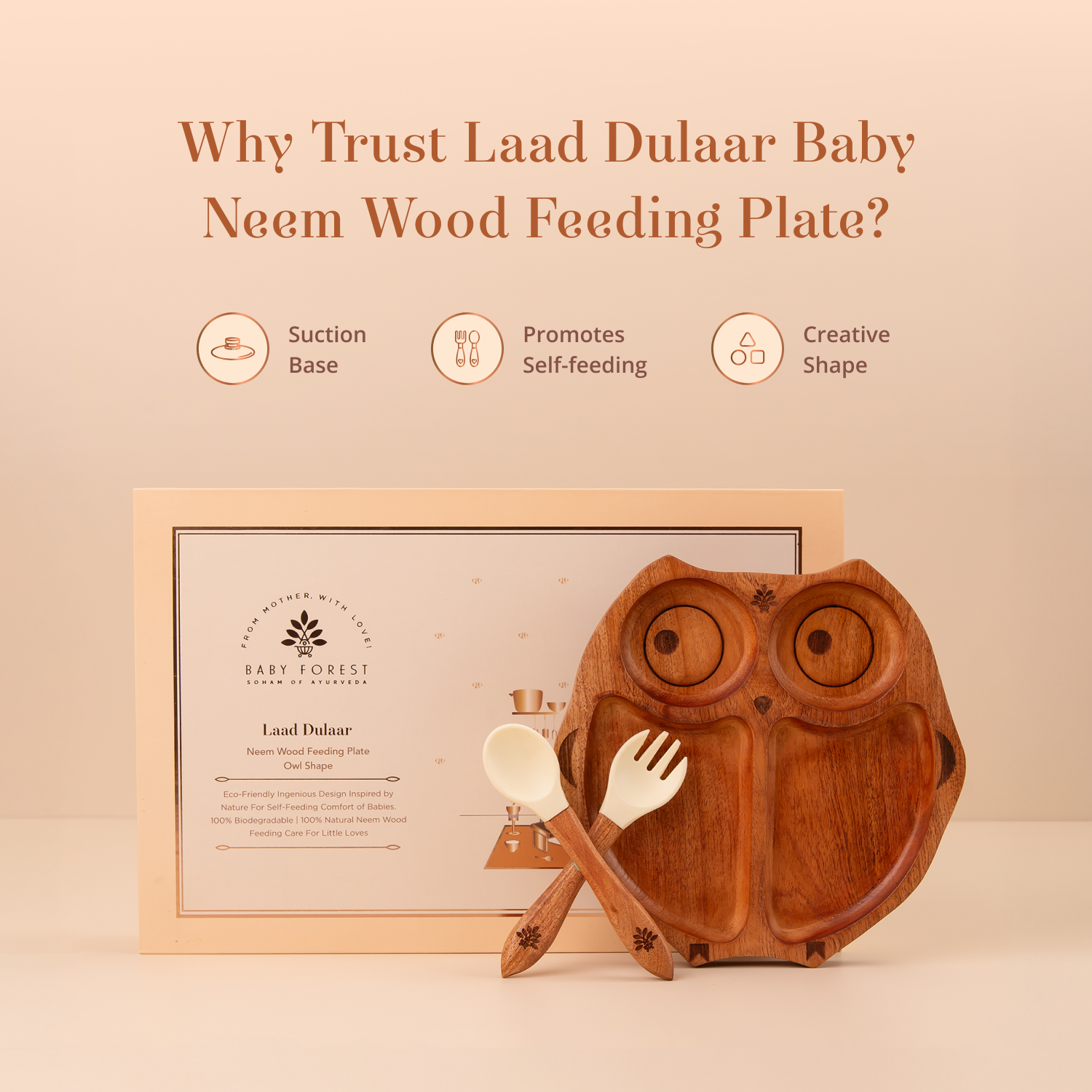 Laad Dulaar Baby Neem Wood Feeding Plate - Owl Shape